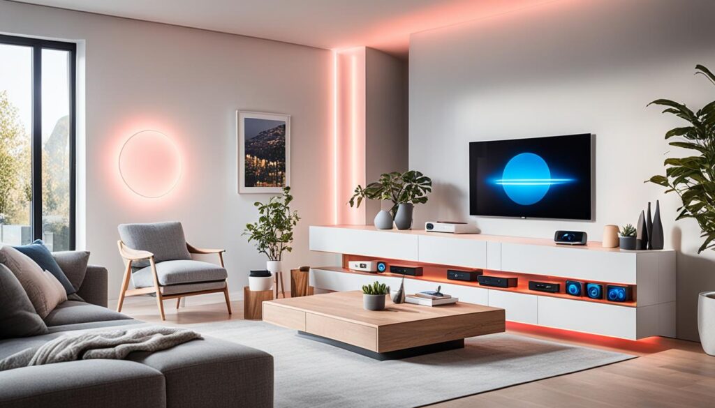 smart speakers and smart lighting in living room